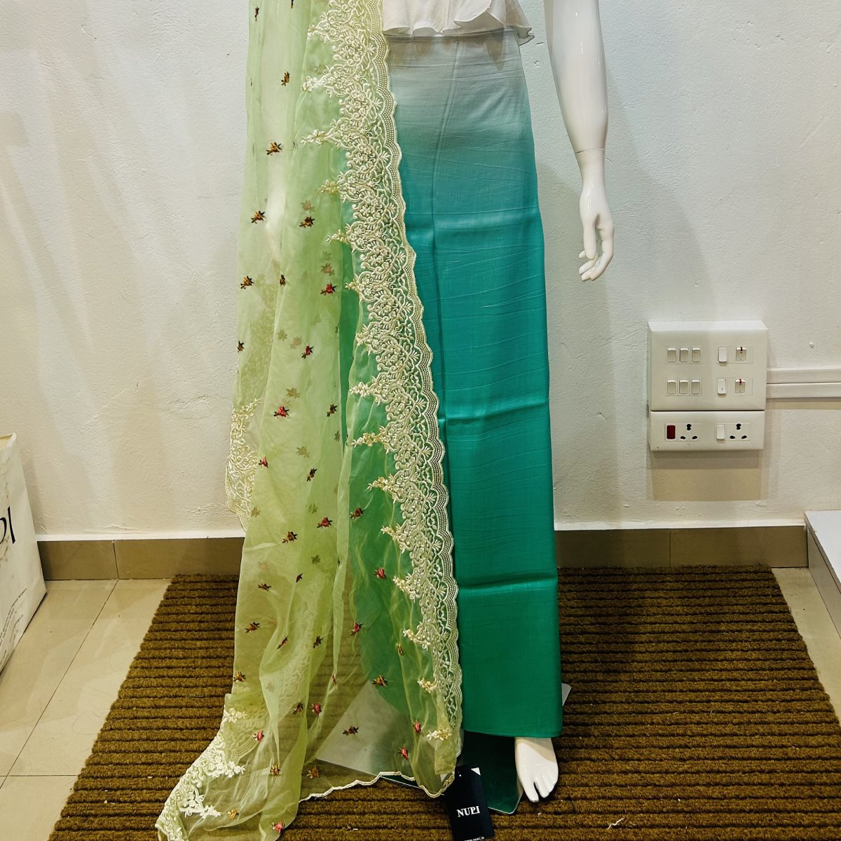 Beige and Green Women's Premium Manipuri Cotton Plain Gaala Border Fac–  Uniform Sarees