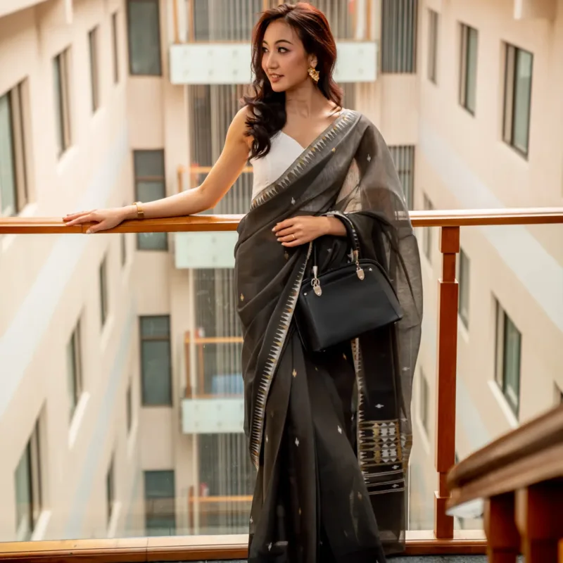 Everyday Woven Sareefull -  Black & Pure White with Gold border