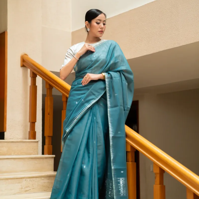 Everyday Woven Sareefull -  Rama Blue with Silver border