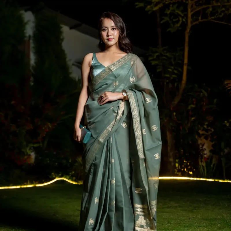 Peacock Saree - Stone Grey