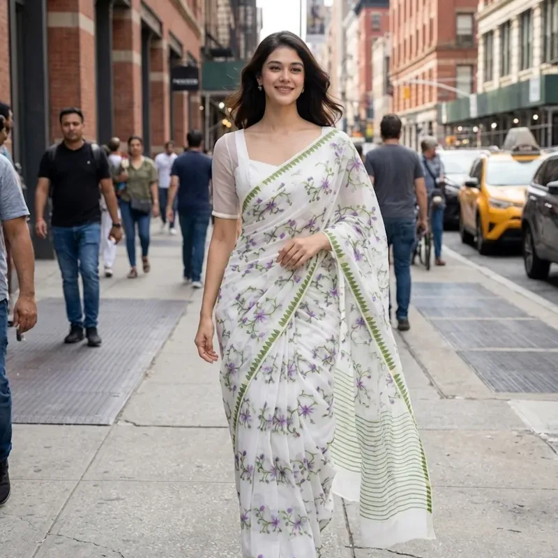 Leikol Saree - Lavender on White