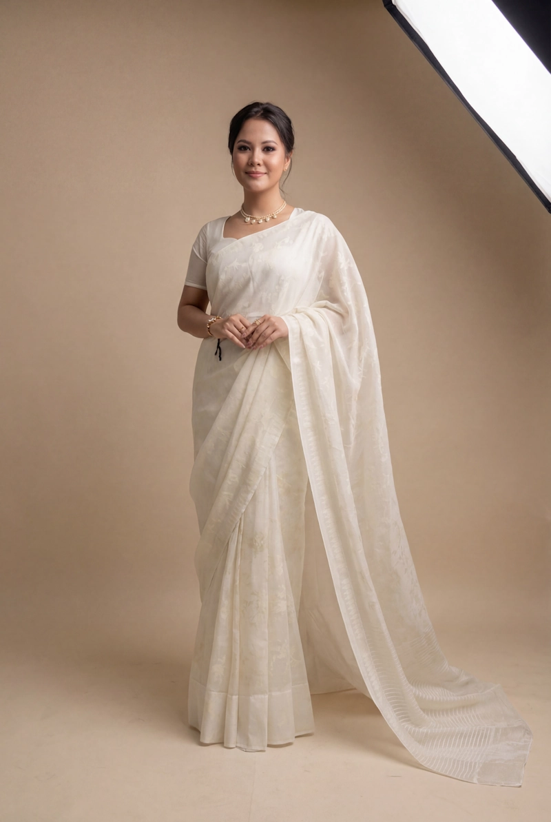 Leikol Saree – Cream on White 3 Leikol Saree Cream on White 3 - NUPI
