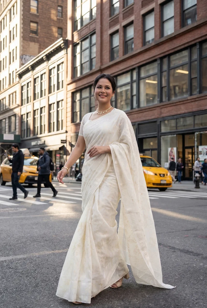 Leikol Saree – Cream on White Leikol Saree Cream on White - NUPI