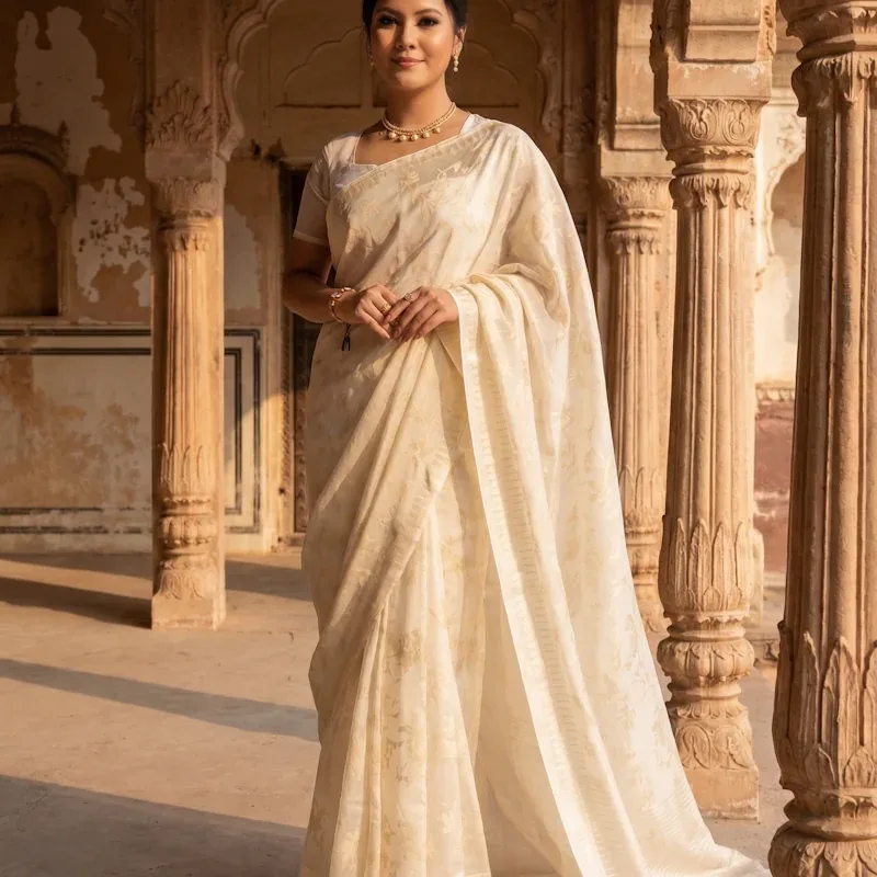 Leikol Saree - Cream on White