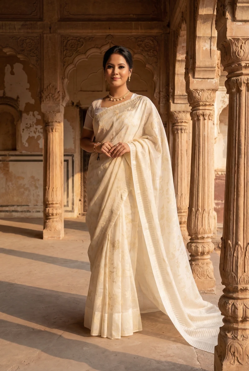 Leikol Saree - Cream on White1 Leikol Saree Cream on White1 - NUPI