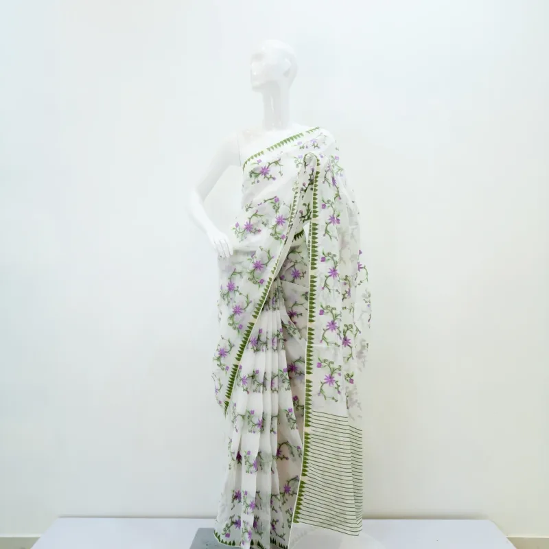 Leikol Saree - Lavender on White