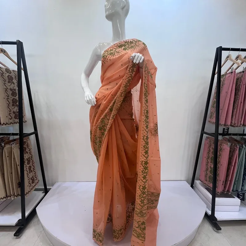 Leirang Saree - Peach with Olive Green border