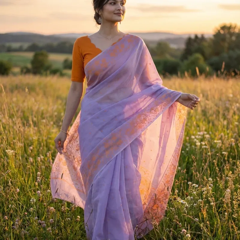 Leirang Saree - Lavender with Mustard border