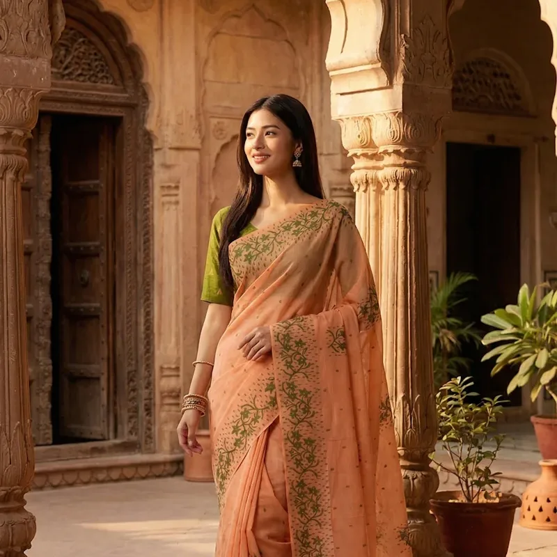 Leirang Saree - Peach with Green border