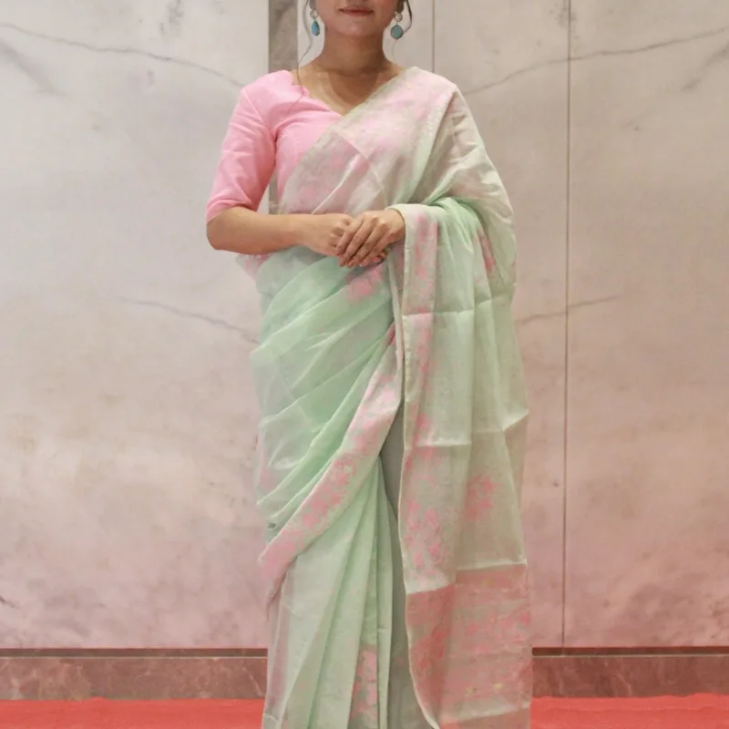 Leirang Saree - Turquoise with Pink border