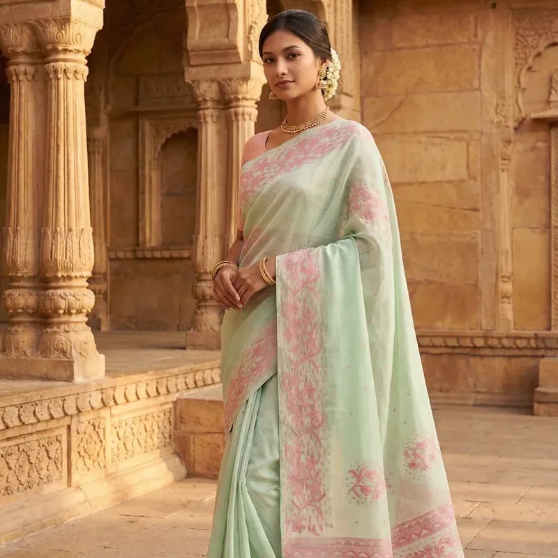 Leirang Saree - Turquoise with Pink border