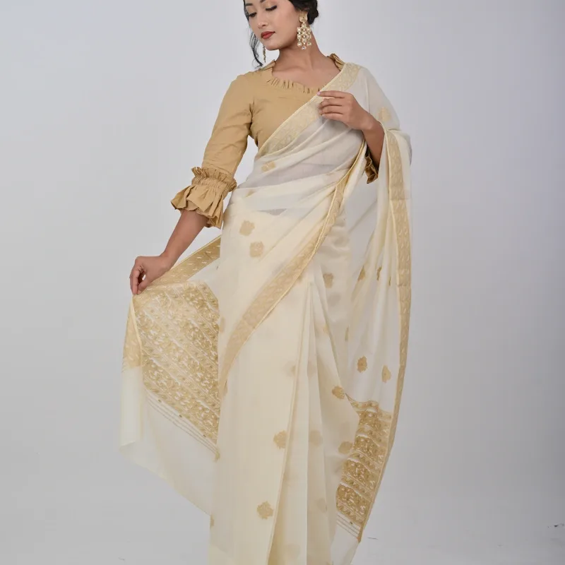 Neshi Saree- Cream with Tusser accents - NUPI RAK 9098 - NUPI