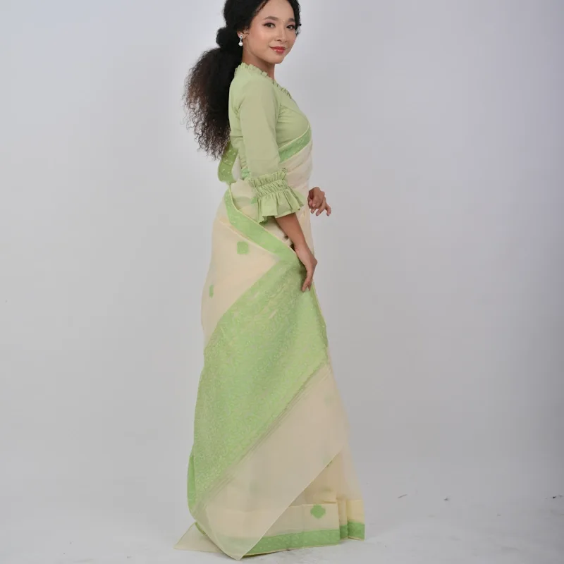 Neshi Saree - Cream with Pista green accents - NUPI RAK 9116 - NUPI