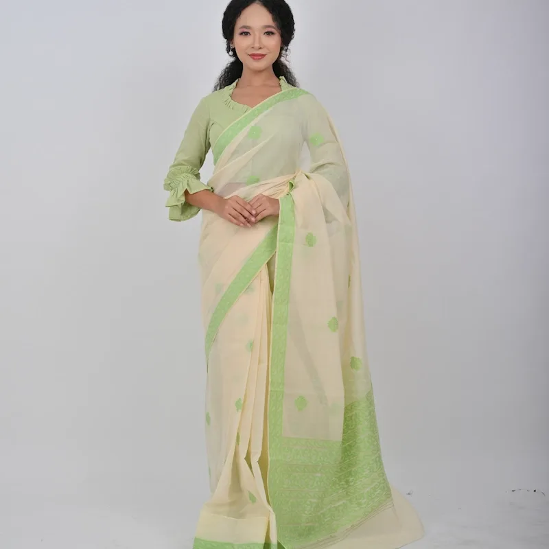 Neshi Saree - Cream with Pista green accents