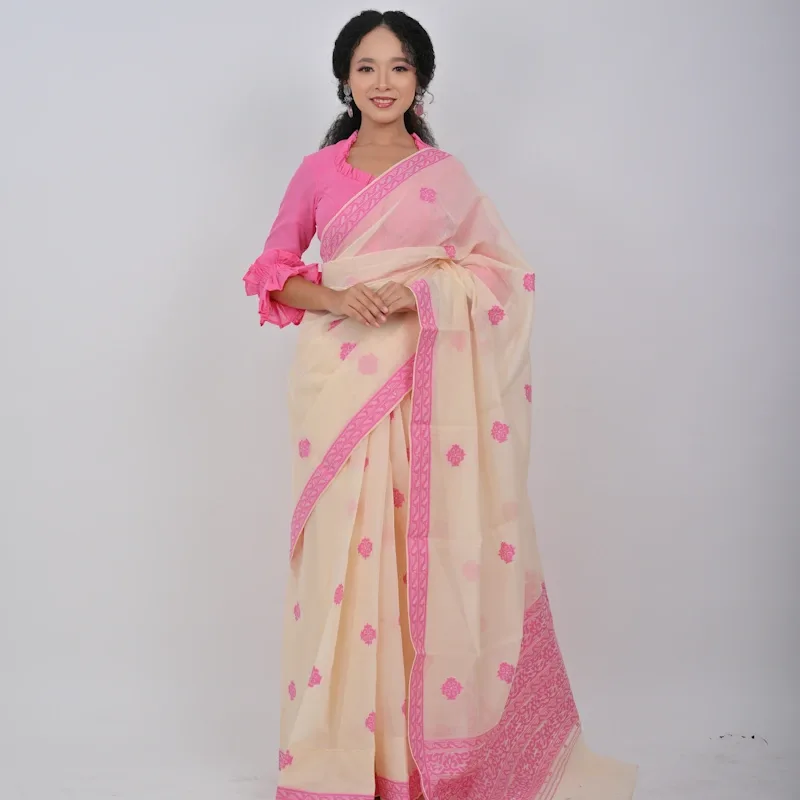 Neshi Saree - Cream with Bright Pink accents